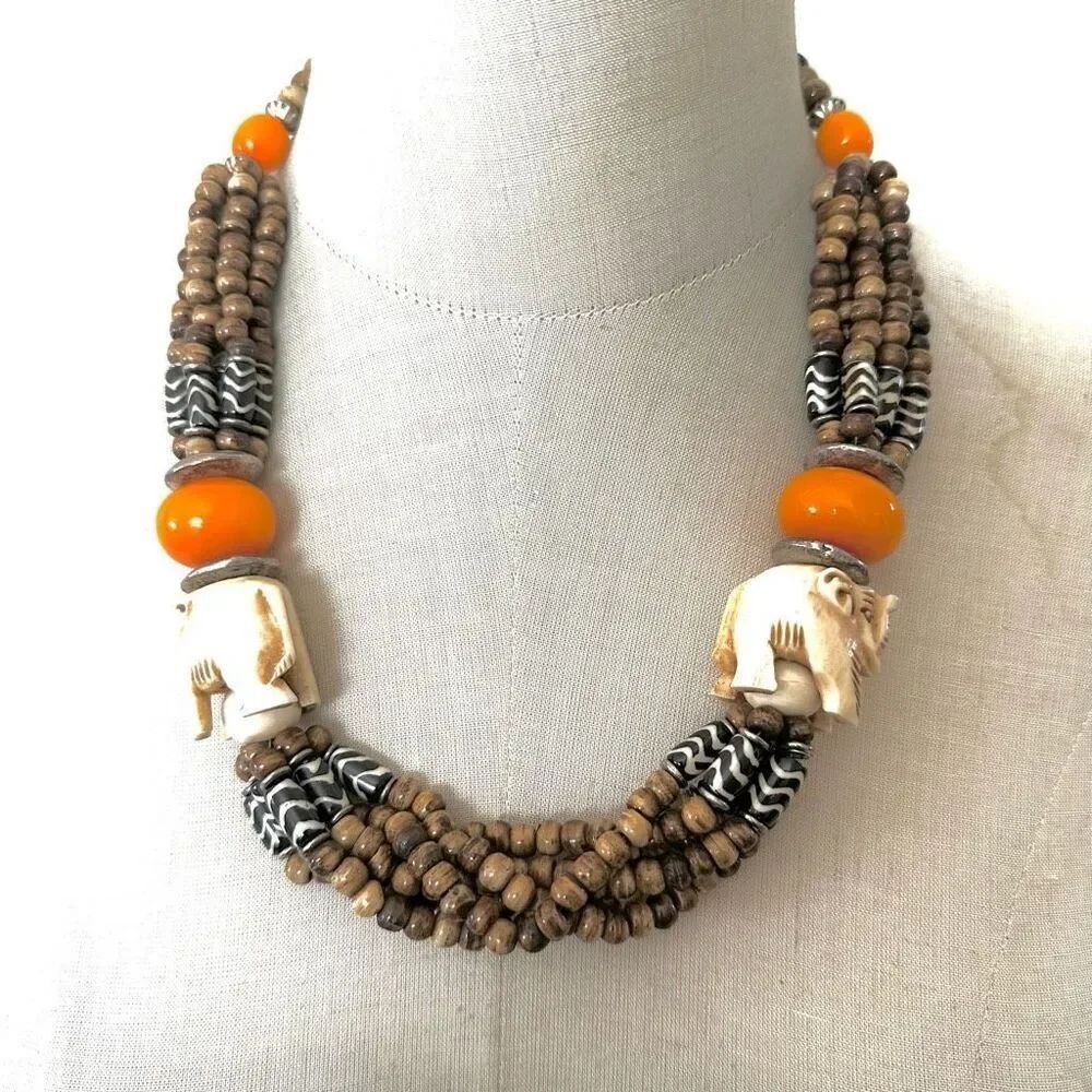 Hand-Carved Bone Elephant & Batik Bead Tribal Statement Necklace